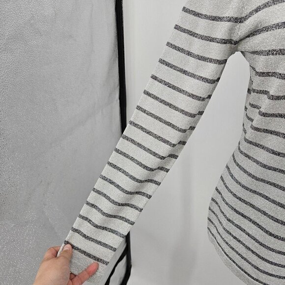 J. McLaughlin Ginger Metallic Stripe Sweater Silver Women’s Size S Preppy Party - Picture 5 of 11
